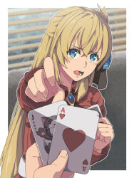 Rule 34 | 1boy, 1girl, ace (playing card), ace of hearts, agnes claudel, blonde hair, blue eyes, blurry, blurry background, border, card, chiharu (9654784), commentary request, eiyuu densetsu, eyelashes, heart, highres, joker (playing card), kuro no kiseki, long hair, mishy, old maid, open mouth, outside border, playing card, pov, teeth, van arkride, white border