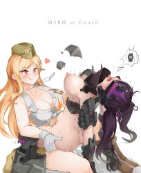 Rule 34 | .50 bmg, 1futa, 1girl, absurdres, ammunition, anti-materiel cartridge, ass, blonde hair, blush, boots, breasts, bullet, cleavage, closed mouth, covered erect nipples, crop top, dog tags, front-tie top, full-power cartridge, futa with female, futanari, garrison cap, girls&#039; frontline, gloves, guard (girls&#039; frontline), hat, highres, hmg cartridge, implied futanari, large breasts, licking lips, long hair, m2hb (girls&#039; frontline), magnum cartridge, match grade ammunition, military cartridge, nipples, open mouth, orange eyes, ppkoly, purple-tinted eyewear, purple hair, rifle cartridge, sangvis ferri, sex, spoken skull, stomach bulge, straddling, supersonic ammunition, tinted eyewear, tongue, tongue out, twintails, typo, upright straddle, visor, white background