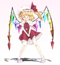 Rule 34 | 1girl, animal slippers, ascot, between legs, blonde hair, blush, closed eyes, female focus, flandre scarlet, gorilla (bun0615), hand between legs, hat, hat ribbon, have to pee, highres, mouth hold, puffy sleeves, ribbon, ribbon in mouth, shadow, shirt, short sleeves, side ponytail, simple background, skirt, skirt set, slippers, solo, tears, touhou, vest, white background, wings