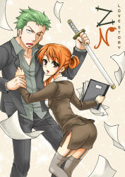 Rule 34 | 1boy, 1girl, brown eyes, business suit, earrings, formal, garter straps, green hair, grey thighhighs, holding another&#039;s wrist, jewelry, lipstick, makeup, mascara, mono land, nami (one piece), office lady, one piece, orange hair, papers, pencil skirt, roronoa zoro, rouge (makeup), scar, skirt, skirt suit, suit, sword, thighhighs, weapon