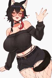 Rule 34 | 1girl, :d, absurdres, animal ear fluff, animal ears, bare shoulders, black hair, black nails, black shorts, black sweater, breasts, brown eyes, cowboy shot, fishnet pantyhose, fishnets, glasses, hair ornament, heart, highres, hololive, jewelry, large breasts, long sleeves, looking at viewer, multicolored hair, nail polish, navel, ookami mio, open mouth, pantyhose, red hair, ring, shorts, simple background, smile, solo, streaked hair, sweater, tail, tail around own leg, varniskarnis, virtual youtuber, white background, wolf ears, wolf girl, wolf tail