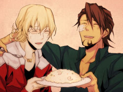 Rule 34 | 10s, 2boys, bad id, bad pixiv id, bandages, barnaby brooks jr., blonde hair, brown hair, closed eyes, facial hair, food, fried rice, jacket, jewelry, kaburagi t. kotetsu, laughing, male focus, multiple boys, necklace, red jacket, shirt, short hair, spoon, stubble, t-shirt, tiger &amp; bunny, u (mypace)