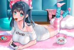Rule 34 | 1girl, ahoge, alternate costume, amano nene (vtuber), aqua eyes, ass, black hair, blue eyes, blue hair, blush, breasts, casual, closed mouth, clothes writing, cloudtomo (amano nene), commentary request, controller, dark blue hair, dualshock, food, food on face, game controller, gamepad, heart-shaped cookie, highres, holding, holding controller, holding game controller, impossible clothes, impossible shirt, indoors, large breasts, leg warmers, long hair, long shirt, looking at viewer, lying, mouth hold, no pants, no shoes, off shoulder, on stomach, pink thighhighs, playstation controller, production kawaii, rug, shirt, sidelocks, single bare shoulder, skindentation, smile, solo, striped clothes, striped thighhighs, taut clothes, taut shirt, the pose, thighhighs, virtual youtuber, white shirt, yayoi maka
