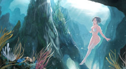 Rule 34 | 1girl, absurdres, bikini, black hair, collarbone, commentary, diving, english commentary, fish, highres, kanogawa hiro, mixed-language commentary, original, scenery, short hair, solo, swimsuit, thighhighs, underwater, white bikini, white thighhighs