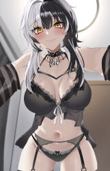 Rule 34 | 1girl, absurdres, black choker, black gloves, black hair, black panties, blush, bra, breasts, choker, closed mouth, elbow gloves, garter belt, garter straps, gloves, grey hair, hair ornament, highres, hololive, hololive english, lace-trimmed choker, lace trim, large breasts, long hair, looking at viewer, multicolored hair, panties, shiori novella, shiori novella (1st costume), smile, solo, split-color hair, striped clothes, striped gloves, thick thighs, thighs, two-tone hair, underwear, virtual youtuber, yellow eyes, yobi (ybpac18)