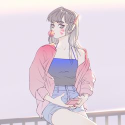 Rule 34 | 1girl, alternate costume, bare shoulders, brown eyes, brown hair, blowing bubbles, buttons, casual, cellphone, chewing gum, collarbone, cowboy shot, crossed legs, d.va (overwatch), denim, denim shorts, eyebrows, facepaint, facial mark, fingernails, headphones, holding, holding phone, jacket, krusier, long hair, looking at viewer, nail polish, off shoulder, overwatch, overwatch 1, phone, pink nails, short shorts, shorts, sitting, sleeveless, sleeves past elbows, sleeves rolled up, smartphone, solo, whisker markings