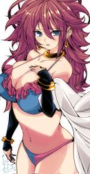 Rule 34 | 1girl, android, android 21, arc system works, bare shoulders, bikini, blue eyes, blue nail polish, blue nails, bracelet, breast hold, breasts, brown hair, cleavage, coat, collarbone, dragon ball, dragon ball fighterz, ear piercing, earrings, elbow gloves, female focus, flustered, gloves, gold bracelet, gold earrings, hair between eyes, highres, holding, holding clothes, holding coat, hoop earrings, jewelry, kinakomochi (user vedc2333), lab coat, large breasts, long hair, looking at viewer, multicolored bikini, multicolored clothes, multicolored swimsuit, nail polish, navel, open mouth, piercing, ring, signature, solo, stomach, swimsuit, teeth, thick thighs, thighs, tongue, upper teeth only, white background