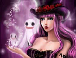 Rule 34 | 1girl, bat (symbol), blue eyes, breasts, cleavage, close-up, ghost, hat, highres, lilyzou, lipstick, long hair, makeup, nail polish, one piece, perona, pink hair, pink theme, sabaody archipelago, signature, solo, sparkle, tattoo, top hat
