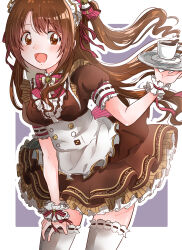 Rule 34 | 1girl, :d, absurdres, apron, arm support, blush, border, bow, bowtie, breasts, brown dress, brown eyes, brown hair, coffee cup, cowboy shot, cup, disposable cup, dress, dress bow, frilled dress, frills, grey background, hair bow, hair ribbon, hanada (hanada0422), hand up, highres, holding, holding tray, idolmaster, idolmaster cinderella girls, idolmaster cinderella girls starlight stage, layered dress, leaning forward, long hair, looking at viewer, maid, medium breasts, one side up, open mouth, outside border, pink bow, pink bowtie, plate, puffy short sleeves, puffy sleeves, red ribbon, ribbon, scrunchie, shimamura uzuki, short sleeves, smile, solo, standing, thighhighs, tray, waist apron, white apron, white border, white headdress, white scrunchie, white thighhighs, wrist scrunchie, zettai ryouiki