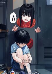 Rule 34 | 1boy, 1girl, bandaid, black hair, blue shirt, blue shorts, child, desk, door, funi mu9, ghost, ghost girl, hair over eyes, highres, hime cut, indoors, injury, japanese clothes, kimono, on floor, open mouth, original, red kimono, reflective floor, school desk, scratches, shirt, shoes, short hair, shorts, sitting, socks, surprised, t-shirt