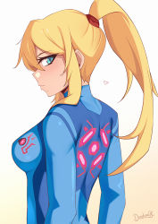 Rule 34 | 1girl, :|, aqua bodysuit, aqua eyes, artist name, blonde hair, blush, bodysuit, breasts, closed mouth, commentary, cowboy shot, darahan, from behind, gradient background, heart, high ponytail, long hair, looking at viewer, looking back, metroid, mole, mole under mouth, nintendo, red scrunchie, samus aran, scrunchie, sidelocks, signature, solo, standing, symbol-only commentary, zero suit