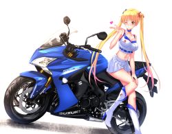 Rule 34 | 10s, 1girl, ;o, bakuon!!, bare arms, bare shoulders, bell, blonde hair, blowing kiss, blue ribbon, blush, boots, breasts, choker, cleavage, clothes writing, collarbone, copyright name, crop top, dutch angle, eyebrows, gradient hair, hair bell, hair ornament, hair ribbon, hand on own knee, hat, heart, high heel boots, high heels, highres, knee boots, large breasts, logo, long hair, looking at viewer, midriff, miniskirt, motor vehicle, motorcycle, multicolored hair, navel, one eye closed, parted lips, pink hair, pleated skirt, race queen, red ribbon, ribbon, simple background, sitting, skirt, sleeveless, solo, stomach, suzuki (company), suzunoki rin, swordsouls, thighs, vehicle, very long hair, wheel, white background, white footwear, white skirt, wink, yellow eyes