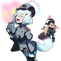 Rule 34 | &gt; &lt;, 1bell1 1bell1, 2girls, :d, ammunition pouch, animal ears, black pantyhose, blonde hair, blue archive, blue hair, blue halo, blue tail, coat, colored eyelashes, epaulettes, flask, flower (symbol), fur hat, gloves, gradient halo, grey gloves, grey jacket, hair ornament, hairclip, halo, happy, hat, highres, holding, holding flask, jacket, knee pads, medium hair, multicolored halo, multiple girls, nodoka (blue archive), open mouth, pantyhose, pleated skirt, pouch, shigure (blue archive), skirt, smile, sneezing, tail, ushanka, weasel ears
