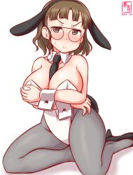 Rule 34 | 1girl, animal ears, artist logo, bare shoulders, between breasts, black footwear, blush, breasts, brown eyes, brown hair, cleavage, covered navel, dated, detached collar, embarrassed, fake animal ears, fake tail, glasses, grey pantyhose, high heels, kanon (kurogane knights), kantai collection, large breasts, leotard, looking at viewer, necktie, necktie between breasts, one-hour drawing challenge, pantyhose, pince-nez, playboy bunny, rabbit ears, rabbit tail, roma (kancolle), short hair, sitting, solo, strapless, strapless leotard, tail, wariza, wavy hair, white background, white leotard, wrist cuffs