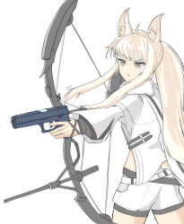 Rule 34 | 1girl, animal ears, arknights, artist request, blonde hair, bow (weapon), cloak, commentary, compound bow, english commentary, gun, handgun, highres, holding, holding gun, holding weapon, horse ears, horse girl, horse tail, long hair, pistol, platinum (arknights), ponytail, shorts, simple background, solo, tail, weapon, white background, white cloak, white shorts, yellow eyes