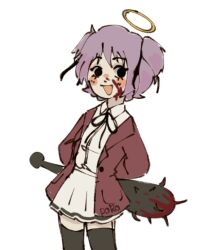 Rule 34 | 2023, angel, blood, blood on face, bloody weapon, blush, bokusatsu tenshi dokuro-chan, halo, holding, holding weapon, jacket, open clothes, open jacket, pokophobia, purple hair, red jacket, smile, unfinished, weapon