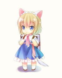 Rule 34 | 1girl, alice margatroid, animal ears, blonde hair, blue eyes, book, capelet, cat ears, cat tail, chibi, child, dress, grimoire, grimoire of alice, hairband, short hair, solo, tail, takatsukasa yue, touhou, aged down