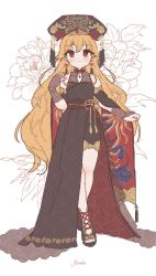 Rule 34 | 1girl, adapted costume, black dress, black footwear, black headwear, bracelet, character name, closed mouth, contrapposto, cross-laced footwear, dress, earrings, floral print, flower, full body, headdress, highres, jewelry, junko (touhou), long hair, looking at viewer, nail polish, off-shoulder dress, off shoulder, orange hair, red eyes, red flower, red nails, sakurasaka, simple background, smile, solo, standing, touhou, very long hair, white background