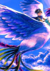 Rule 34 | 1boy, 1other, armor, bird, black hair, blue hair, cape, circlet, cloud, cloudy sky, dragon quest, dragon quest iii, flying, head out of frame, hero (dq3), highres, long hair, looking afar, moyapippi, open mouth, out of frame, purple sky, ramia (dq3), riding, scenery, sky, smile