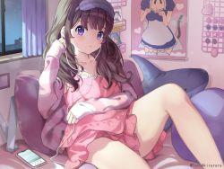 Rule 34 | 1girl, akira tooru, bed, brown hair, cellphone, collarbone, commentary request, cushion, earbuds, earphones, highres, jacket, long hair, long sleeves, looking at viewer, night, nightgown, original, phone, pillow, pink jacket, pink nightgown, poster (object), purple eyes, sitting, sleep mask, sleepwear, smartphone, solo, striped clothes, striped jacket, stuffed animal, stuffed shark, stuffed toy, twitter username, window