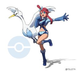 Rule 34 | 1girl, :d, absurdres, artist name, blue eyes, blue footwear, blue gloves, boots, breasts, clenched hand, commentary request, creatures (company), full body, game freak, gen 5 pokemon, gloves, gym leader, hair between eyes, hair ornament, highres, leg up, long hair, looking at viewer, navel, nintendo, open mouth, outstretched arm, poke ball symbol, pokemon, pokemon (creature), pokemon bw, red hair, shorts, sidelocks, skyla (pokemon), smile, spread fingers, swanna, teeth, tellzeta, tongue, upper teeth only, watermark, white background