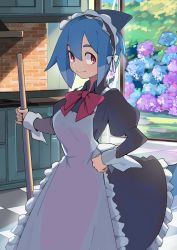 Rule 34 | 1girl, apron, azuumori, blue hair, bow, bowtie, checkered floor, closed mouth, commentary, day, english commentary, flower, hair between eyes, hand on own hip, highres, holding, holding brush, indoors, kitchen, looking to the side, maid, maid apron, maid headdress, mako (azuumori), original, red bow, red bowtie, red eyes, short hair, smile, solo, standing, sunlight
