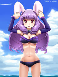 Rule 34 | 10s, 1girl, :&lt;, animal ears, awa, bikini, blunt bangs, breasts, chuchu (show by rock!!), cleavage, copyright name, day, detached collar, detached sleeves, drill hair, hand on own ear, large breasts, long hair, navel, purple eyes, purple hair, rabbit ears, show by rock!!, solo, swimsuit, touching ears, underboob