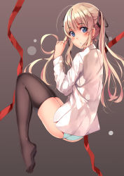 Rule 34 | 1girl, black ribbon, blonde hair, blue eyes, blue panties, blush, brown thighhighs, commentary request, from side, full body, gradient background, hair ornament, hair ribbon, twirling hair, hand in own hair, hands up, highres, knees up, long hair, long sleeves, looking at viewer, no pants, open mouth, panties, red ribbon, ribbon, saenai heroine no sodatekata, sawamura spencer eriri, shirt, skindentation, solo, teeth, thighhighs, twintails, underwear, white shirt, yumemi (kiowa)