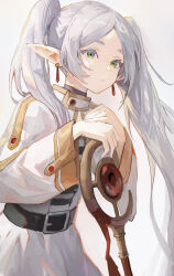 Rule 34 | 1girl, absurdres, belt, belt buckle, buckle, cho gum, commentary request, dress, earrings, elf, expressionless, frieren, green eyes, highres, jewelry, leaning on weapon, long hair, long sleeves, mage staff, parted bangs, pointy ears, simple background, solo, sousou no frieren, staff, twintails, very long hair, white background, white dress, white hair, wide sleeves