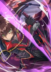 Rule 34 | &gt;:), 1boy, black gloves, black jacket, black pants, brown hair, code geass, code geass: genesic re;code, gloves, green eyes, highres, holding, holding sword, holding weapon, incoming attack, jacket, katana, kururugi suzaku, looking at viewer, male focus, pants, scar, scar on face, short hair, solo, sword, togisuaka, v-shaped eyebrows, weapon