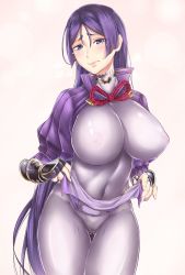 Rule 34 | 1girl, arm guards, black gloves, blush, bodysuit, breasts, closed mouth, commentary request, covered navel, crying, crying with eyes open, fate/grand order, fate (series), fingerless gloves, gloves, large breasts, loincloth, long hair, looking at viewer, minamoto no raikou (fate), nattapuumuu, parted bangs, pink background, purple bodysuit, purple eyes, purple hair, ribbed sleeves, simple background, solo, tears, very long hair