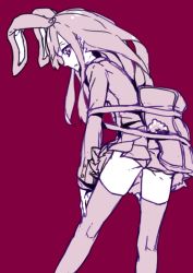 Rule 34 | 1girl, animal ears, bag, buttons, hand on own thigh, kneepits, leaning forward, legs, long hair, long sleeves, looking back, miniskirt, monochrome, panties, pantyshot, parted lips, pleated skirt, purple hair, rabbit ears, rabbit girl, rabbit tail, red background, reisen udongein inaba, shoulder bag, sidelocks, simple background, skirt, solo, strap slip, tail, thighhighs, thupoppo, touhou, underwear, upskirt, zettai ryouiki