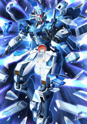 Rule 34 | 1girl, amasaki yusuke, aqua eyes, aura, bit (gundam), closed mouth, commentary, ericht samaya, glass shards, gundam, gundam aerial rebuild, gundam suisei no majo, highres, looking at viewer, mecha, mobile suit, open hand, outstretched arm, red hair, robot, science fiction, short eyebrows, short hair, signature, space, spacesuit, star (sky), thick eyebrows, v-fin