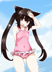 Rule 34 | 1girl, animal ears, black hair, brown eyes, casual one-piece swimsuit, cat ears, cat girl, female focus, flat chest, frilled swimsuit, frills, highres, k-on!, long hair, nakano azusa, one-piece swimsuit, outdoors, pink one-piece swimsuit, shirogane (platinum), sky, solo, swimsuit, twintails