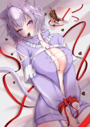 Rule 34 | 1girl, animal ear fluff, animal ears, belt, blush, bound, box, box of chocolates, breasts, candy, cat ears, cat girl, cat tail, chest belt, chocolate, chocolate heart, cleavage, closed mouth, food, food in mouth, heart, heart-shaped box, highres, hololive, large breasts, looking at viewer, medium hair, mouth hold, nekomata okayu, nekomata okayu (membership), official alternate costume, purple eyes, purple hair, red ribbon, ribbon, smile, tail, tied up (nonsexual), two side up, uchi1048, virtual youtuber, white belt