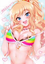Rule 34 | 1girl, 822waltz, :d, bikini, bikini pull, blonde hair, blue background, blue eyes, blush, bottomless, breasts, cleavage, clothes pull, collarbone, flower, front-tie bikini top, front-tie top, hair flower, hair ornament, heart, highres, idolmaster, idolmaster cinderella girls, idolmaster cinderella girls starlight stage, jewelry, large breasts, lens flare, long hair, looking at viewer, multicolored bikini, multicolored clothes, multicolored stripes, navel, necklace, o-ring, o-ring bikini, ohtsuki yui, open mouth, pink nails, ponytail, rainbow bikini, smile, solo, sparkle, striped bikini, striped clothes, swimsuit, teeth, twitter username, v, wavy hair