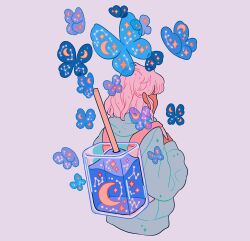 Rule 34 | 1girl, backpack, bag, blue butterfly, bug, butterfly, constellation, crescent moon, cropped torso, drinking straw, facing away, highres, hood, hoodie, insect, liquid, medium hair, meyoco, moon, original, pink hair, purple background, simple background, solo, star (sky), transparent, upper body
