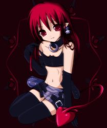 Rule 34 | 1girl, alternate hairstyle, ariccho, demon girl, disgaea, elbow gloves, etna (disgaea), flat chest, gloves, hair down, red eyes, red hair, sitting, solo, strap slip, tail, wings
