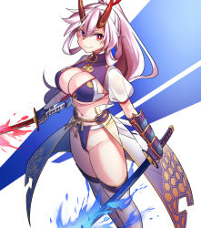 Rule 34 | 1girl, bikini, blue bikini, breasts, cleavage, dual wielding, fate/grand order, fate (series), flaming sword, flaming weapon, highres, holding, horns, katana, large breasts, long hair, looking at viewer, navel, pokupoku (yamanashi yuuya), ponytail, puffy short sleeves, puffy sleeves, red horns, see-through, see-through sleeves, short sleeves, shrug (clothing), smile, swimsuit, sword, thighhighs, tomoe gozen (fate), tomoe gozen (swimsuit saber) (fate), tomoe gozen (swimsuit saber) (third ascension) (fate), waist cape, weapon, white thighhighs