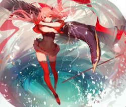 Rule 34 | 1girl, ask (askzy), bird, cape, full body, gloves, horns, long hair, long legs, looking at viewer, magic, miniskirt, pink hair, pixiv fantasia, pixiv fantasia fallen kings, pleated skirt, red eyes, red thighhighs, skirt, solo, standing, thighhighs