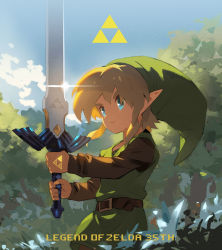 Rule 34 | 1boy, anniversary, belt, blanco026, blonde hair, blue eyes, brown belt, brown shirt, closed mouth, cloud, commentary request, copyright name, day, grass, green hat, green tunic, hat, highres, holding, holding sword, holding weapon, link, long sleeves, male focus, master sword, nintendo, outdoors, pointy ears, shirt, sky, solo, sword, the legend of zelda, tree, triforce, weapon