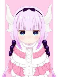 Rule 34 | 10s, 1girl, beads, black bow, black hairband, blouse, blue eyes, blunt bangs, blush, bow, buttons, capelet, center frills, closed mouth, cross-laced clothes, dragon girl, dragon horns, dress, expressionless, frilled capelet, frills, fur trim, gothic lolita, gradient hair, hair beads, hair bow, hair ornament, hairband, horns, jitome, kanna kamui, kobayashi-san chi no maidragon, light purple hair, lolita fashion, long hair, long sleeves, looking at viewer, low twintails, maro rr39, microdress, multicolored hair, purple hair, shirt, solo, standing, twintails, upper body, very long hair