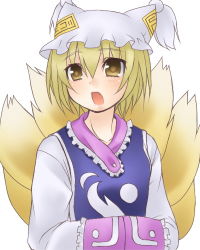 Rule 34 | 1girl, animal hat, blonde hair, female focus, fox tail, hands in opposite sleeves, hat, jyako, long sleeves, lowres, mob cap, multiple tails, open mouth, mob cap, short hair, solo, surcoat, tail, tassel, touhou, upper body, white background, yakumo ran, yellow eyes
