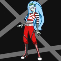 Rule 34 | 1girl, artist request, blue eyes, blue hair, blue skin, colored skin, earrings, female focus, full body, ghoulia yelps, glasses, jewelry, lipstick, looking at viewer, makeup, matching hair/eyes, md5 mismatch, monster high, red lips, simple background, solo, zombie