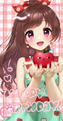 Rule 34 | 1girl, :d, absurdres, antenna hair, apple print, bare shoulders, blush, bracelet, brown hair, cupping hands, dated, dress, earrings, glint, hair ribbon, happy birthday, hat, heart, heart print, highres, idolmaster, idolmaster cinderella girls, jewelry, looking at viewer, applying manicure, neon lights, open mouth, ouuxuuo, own hands together, party hat, plaid, plaid background, ponytail, ribbon, ringorou (idolmaster), sleeveless, sleeveless dress, smile, solo, tsujino akari, wavy hair