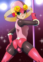 Rule 34 | 1girl, ass, blonde hair, blush, bodysuit, breasts, capcom, female focus, gloves, green eyes, hand on own thigh, helmet, highres, long hair, looking at viewer, looking back, netnavi, open mouth, pink gloves, pole, pole dancing, mega man (series), mega man battle network, roll.exe (mega man), skin tight, small breasts, sparkle, stripper pole, thighhighs, xenoxeno