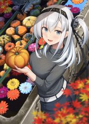 Rule 34 | 1girl, autumn, autumn leaves, black headband, black pants, blue eyes, blush, breasts, clothes writing, food, grey sweater, hachimaki, hair between eyes, headband, highres, holding, holding food, holding vegetable, ichikawa feesu, kantai collection, large breasts, long hair, long sleeves, one side up, open mouth, pants, photo background, pumpkin, smile, solo, suzutsuki (kancolle), sweater, vegetable, white hair