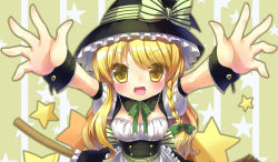 Rule 34 | 1girl, blonde hair, blush, bow, bowtie, braid, broom, hair bow, hat, hat bow, hat ribbon, kirisame marisa, long hair, looking at viewer, open mouth, outstretched arms, ribbon, silveroid, simple background, single braid, smile, solo, spread arms, star (symbol), starry background, striped, striped background, touhou, witch hat, wrist cuffs, yellow eyes