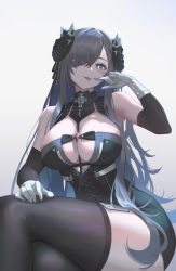 Rule 34 | 1girl, :p, arm warmers, august von parseval (azur lane), azur lane, between breasts, black thighhighs, blue eyes, blue hair, breasts, clothing cutout, cross, cross-laced clothes, cross-laced dress, curled horns, drooling, garter straps, gloves, gradient background, guihuo inferno, hair over one eye, highres, horns, iron blood (emblem), iron cross, large breasts, looking at viewer, mechanical horns, one eye covered, shirt, sitting, solo, strap between breasts, thighhighs, thighs, tongue, tongue out, two-tone dress, underboob cutout, white garter straps, white gloves, white shirt