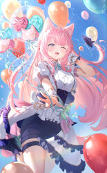 Rule 34 | 1girl, absurdres, ballon, hakui koyori, highres, hololive, long hair, looking at viewer, lucy (rusi-juren328), one eye closed, open mouth, outdoors, pink hair, purple eyes, solo, virtual youtuber